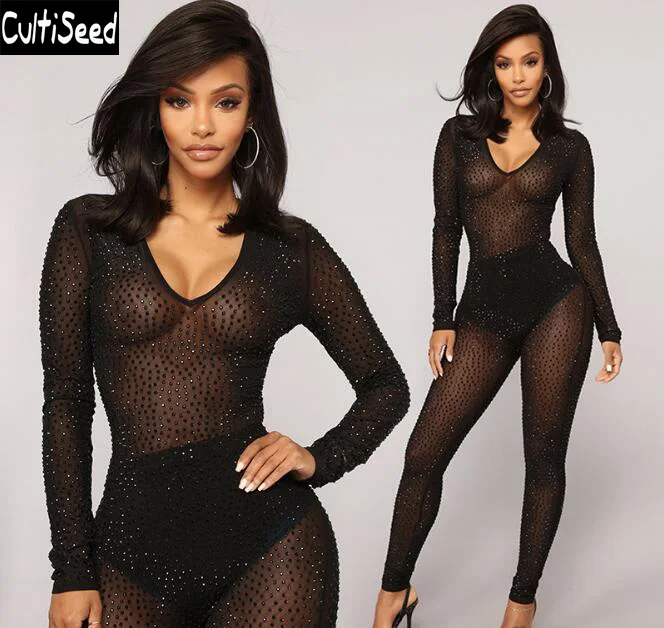 

Cultiseed 2018 Female Sexy Diamonds Perspective Mesh Jumpsuits Rompers Clothes Ladies Slim Hip Party Long Pants Jumpsuits