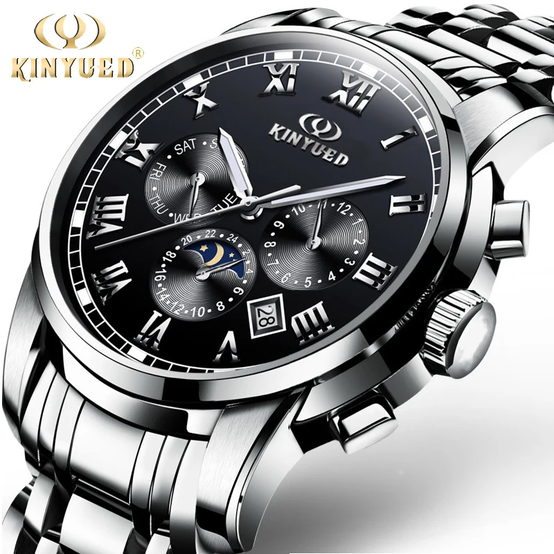 KINYUED Watch Men Luxury Waterproof Moon Phase Six hand Dial Men's