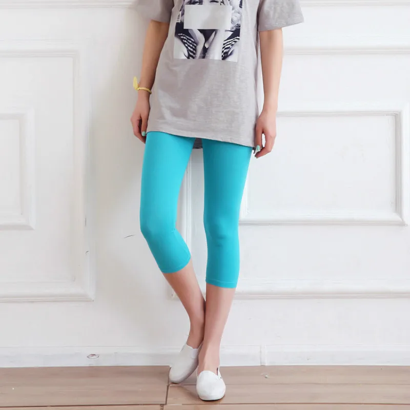 Candy Color Elasticity Casual Women Cropped Leggings Mid