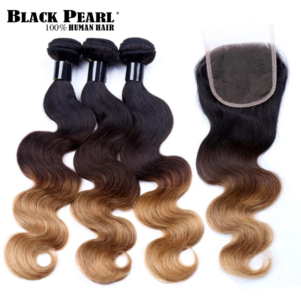 Black Pearl Pre-Colored Remy Ombre Human hair Bundles with Closure Brown Blonde 3 Bundles Hair Weave 4x4 Lace Closure T1b427 brazilian-body-wave-closure