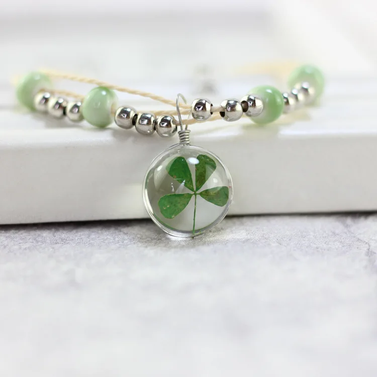 

Cute Boho Handmade flowers Cherry blossoms Clover Dandelion Narcissus Glass Bracelets Metal Beads Bracelet For Women Gift