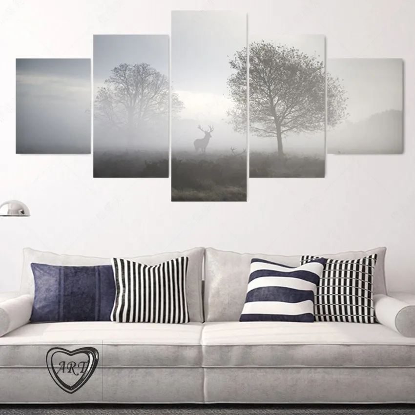 5-Panel-Modern-No-Frame-Picture-Cuadros-Decoracion-A-Deer-In-The-Fog-Canvas-Oil-Painting