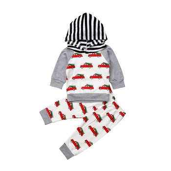 

Christmas Newborn Baby Clothes Kids Boy Girl Long Sleeve Car Pattern Hooded Sweatshirt Top Long Pant 2PCS Warm Baby Clothing Set