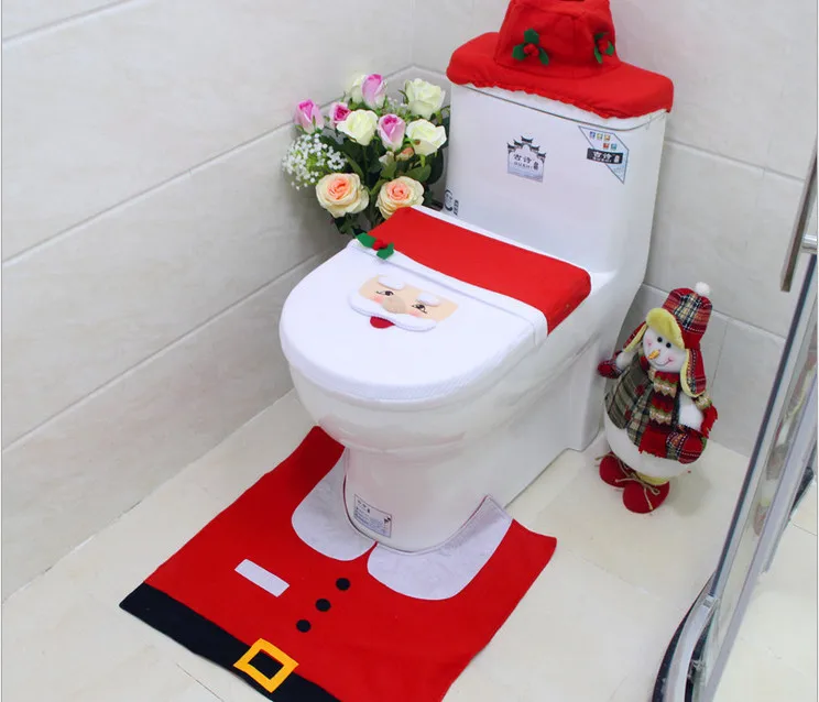 1 Set  3pcs Happy Santa Claus Toilet Seat Cover Case and Rug Bathroom Set Christmas Decoration