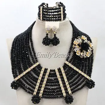 

2016 Fashionable African Beads Jewelry Set Black Nigerian Costume Wedding Bridal Necklace Set Woman Gift Free Shipping ALJ274