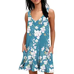 Модная летняя с цветочным принтом Короткие мини-платье карманов Strappy Свободные Ежедневно повседневное пляжное платье Женское вечернее