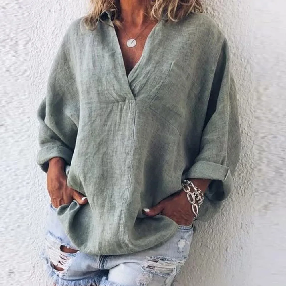 

New Women V-Neck Blouse Casual Plus Size Clothing Solid Pure Color Long Sleeve Blouse Shirt Blusas Mujer De Moda 2019 @30