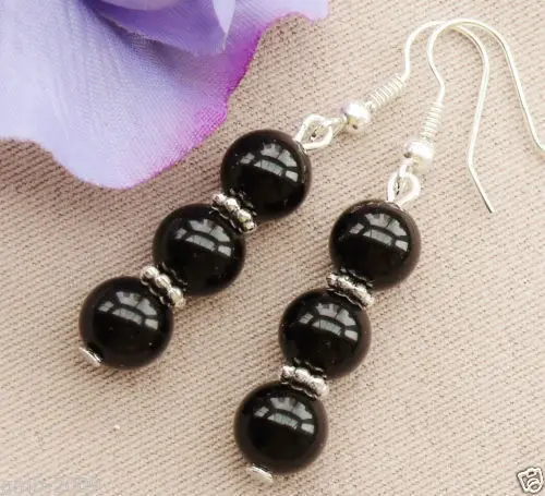 

hot sell new - wb003 New Handmade 8mm Black Agate Round 925 Sterling Silver Dangle Earrings