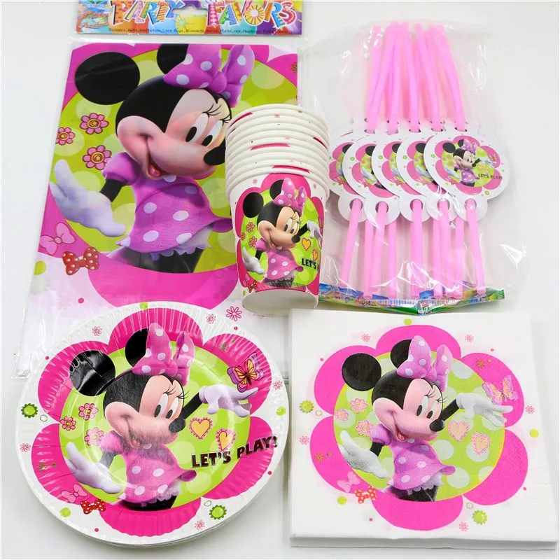 Оформление вечеринки с Минни Маус, комплект для девочек, детская праздничная одежда для дня рождения, комплект для душа, посуда для дня рождения