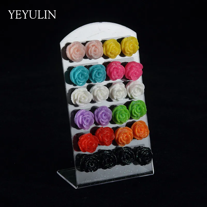 

High Grade Trendy 12 pairs Multicolor Rose Flower Resin Stud Earring For Women Girl Ear Jewelry Wholesale