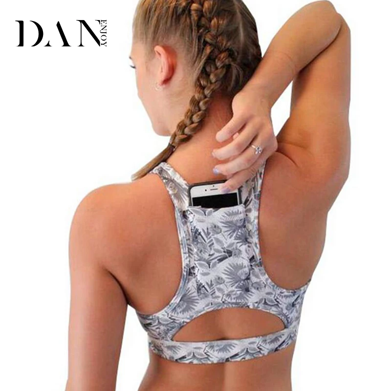 

DANENJOY 2019 Women's Compression Printing Flowers Padded With Phone Pocket Plus Size Gym Yoga Bra Sportswear D-151