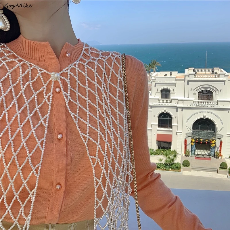 

Handmade Beige Pearls Vest Women 2021 New Knit Vests Hollow Out Chic Pearls Net Coat Korean LT815S50