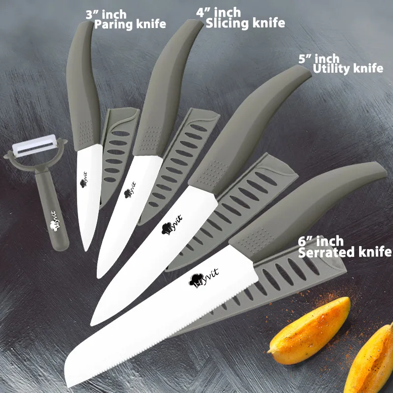 Керамический нож 3, 4, 5+ 6 дюймов, набор кухонных ножей для хлеба, нож для нарезки фруктов, овощей, циркония, белое лезвие, поварские ножи - Цвет: 3456 inch Grey