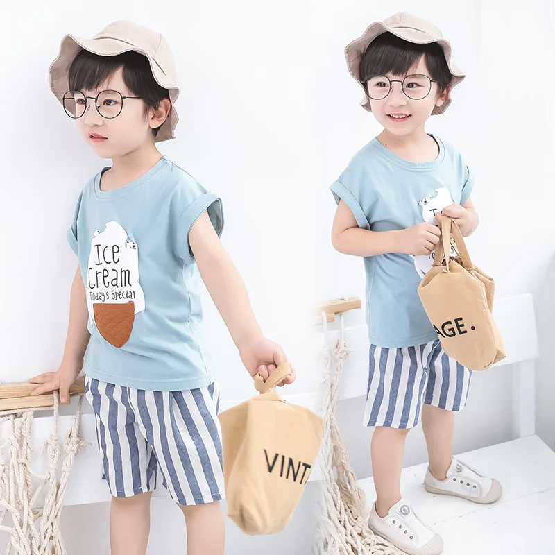 الأطفال دعوى الصيف 2019 جديد Kids'suit النسخة الكورية من القطن الكرتون قصيرة الأكمام سراويل مخططة للفتيات مجموعة ملابس