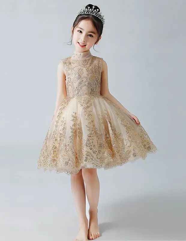 Платье принцессы с золотыми блестками, без рукавов, газовое платье для дня рождения, свадьбы, одежда для выступлений, одежда для детей 2-12 лет