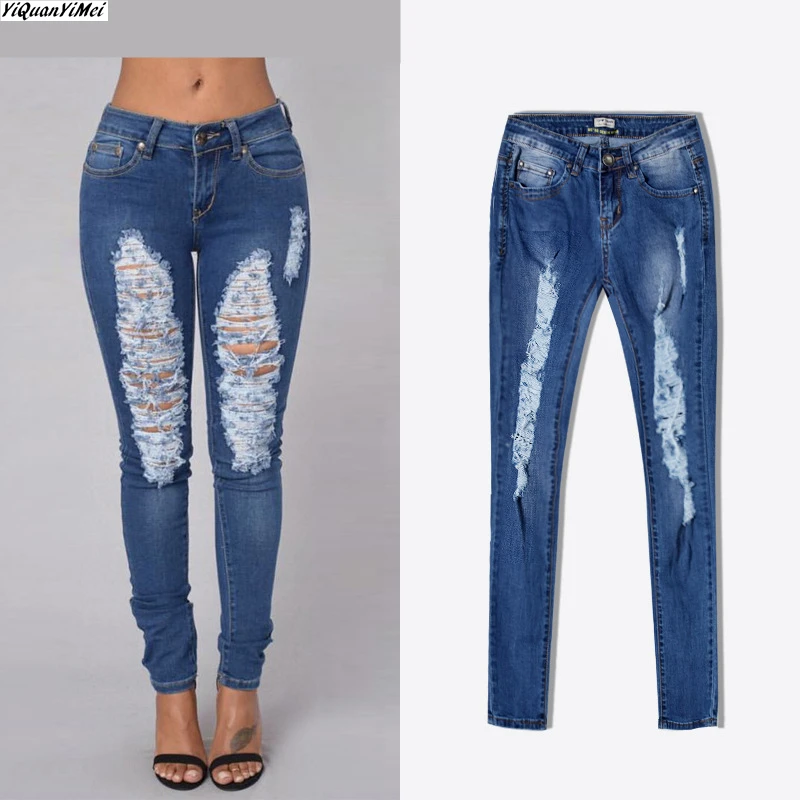 Yiquanyimei Ripped Pencil Pants Ripped Jeans For Women Hole Skinny High Waist Jeans Woman Denim