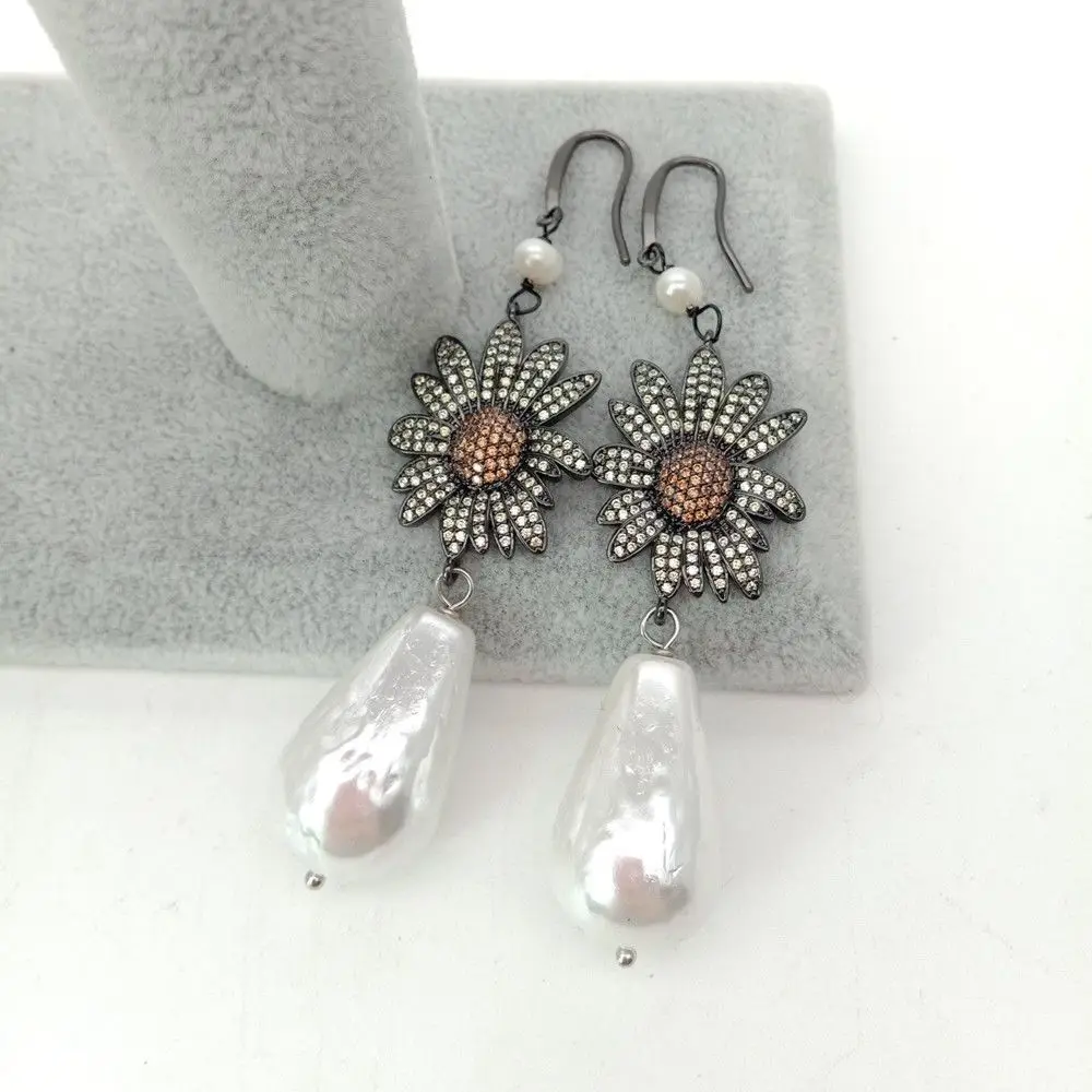 

16x25MM White Sea Shell Pearl CZ Pave Flower Hook Earrings