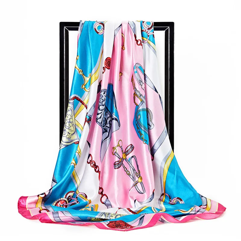90*90 см роскошный брендовый шелковый шарф Женская мода цепь перевозки дизайн атласные большие квадратные шарфы дамские Саржевые шали бандана
