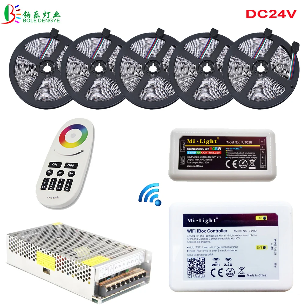 

DC24V LED Strip Waterproof 5050 RGB LED Ribbon 20M 25M 15M With Mi Light Controller Remote Ibox 2 WIFI Smartphone Control+ Power