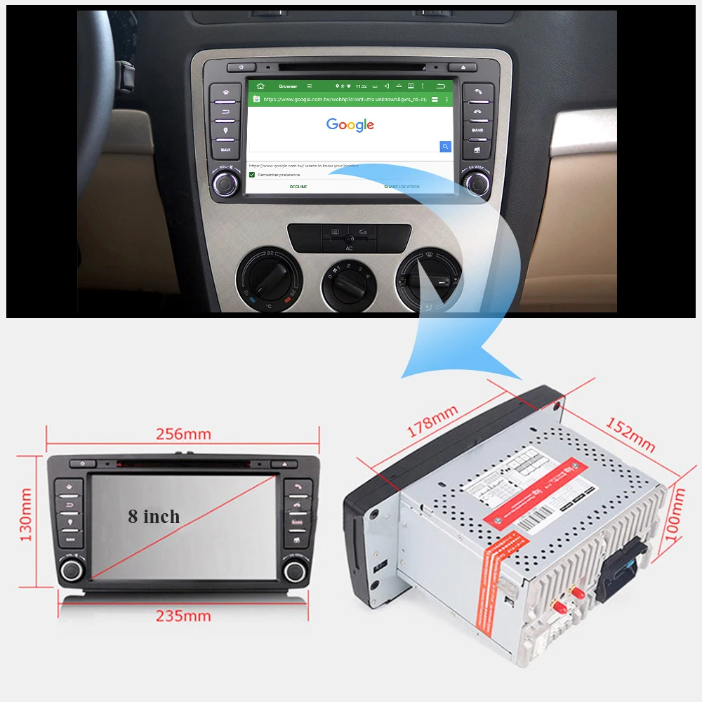 Eunavi 2 din Android 9.0 Car dvd radio Player GPS Navigation For Skoda Octavia 2014 2015 A7 Stereo
