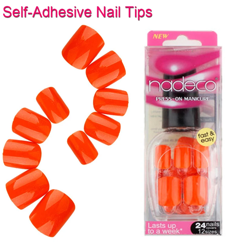 12Sets Full Cover Orange Red Self Adhesive Fake Nail Polish Tips Pure