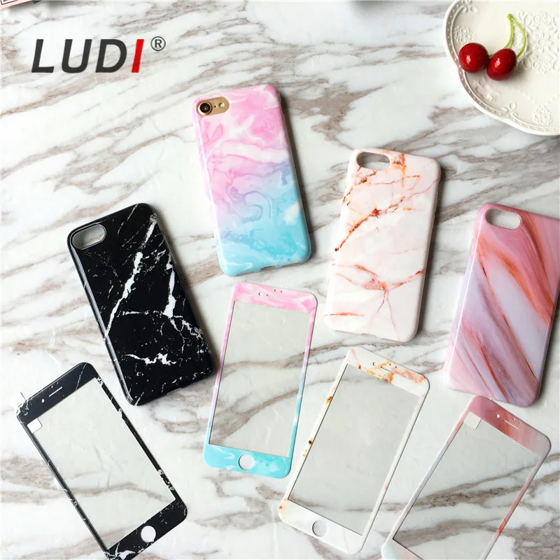 Мраморные Чехлы LUDI + защита для экрана чехол из закаленного стекла iPhone 7 7Plus Мягкий