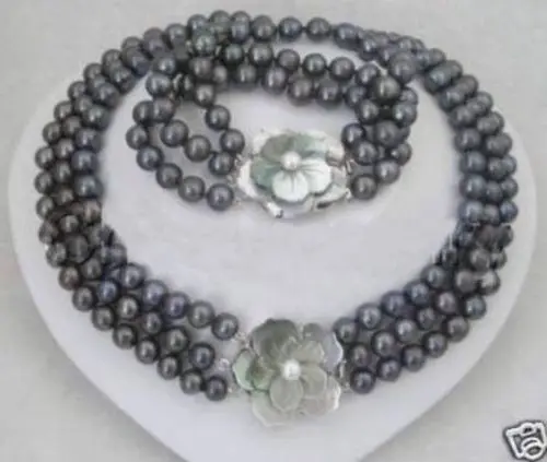 

shipping REAL PEARL 3 Row 7-8mm Black Pearl Necklace Bracelet Set 17-19" & 7.5" (A0423)