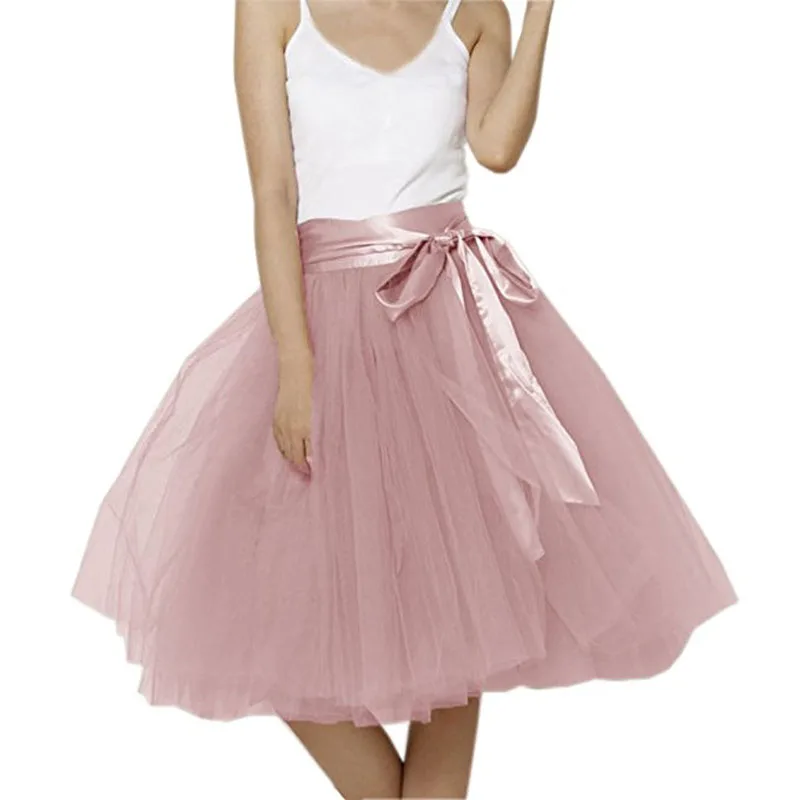 Vintage 5 Layers Tulle Tutu Skirt Women Knee Length Bowknot layered