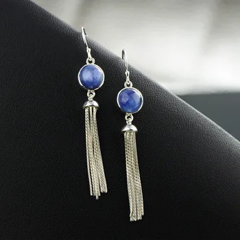 

925 Sterling Silver Earrings Natural Stone Kyanite Tassel Earrings Round For Women Best Gifts Personalized Elegant Jewelry