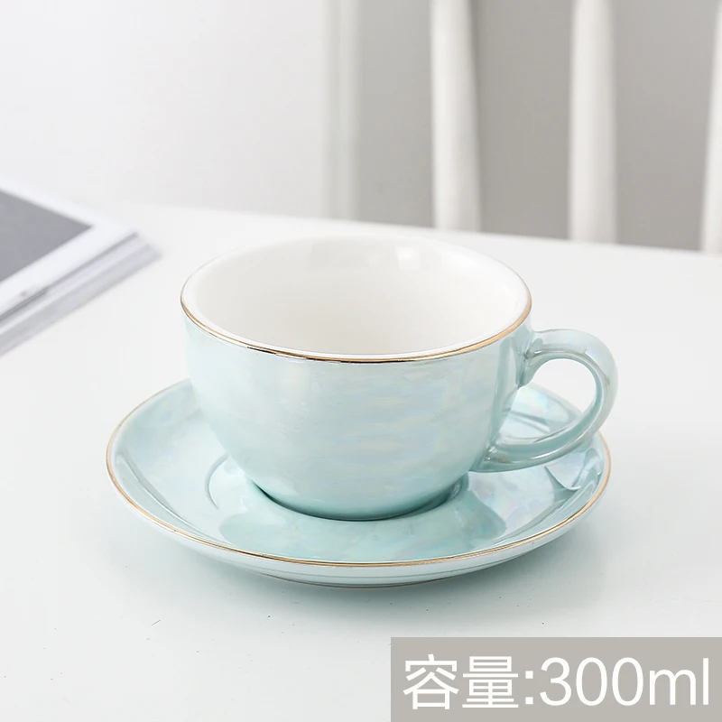 Европейская керамическая кофейная чашка, креативная Золотая линия, жемчужная глазурь, кофейная чашка, набор посуды для домашнего кафе, забавные подарки, Прямая поставка - Цвет: Sky blue-300ml