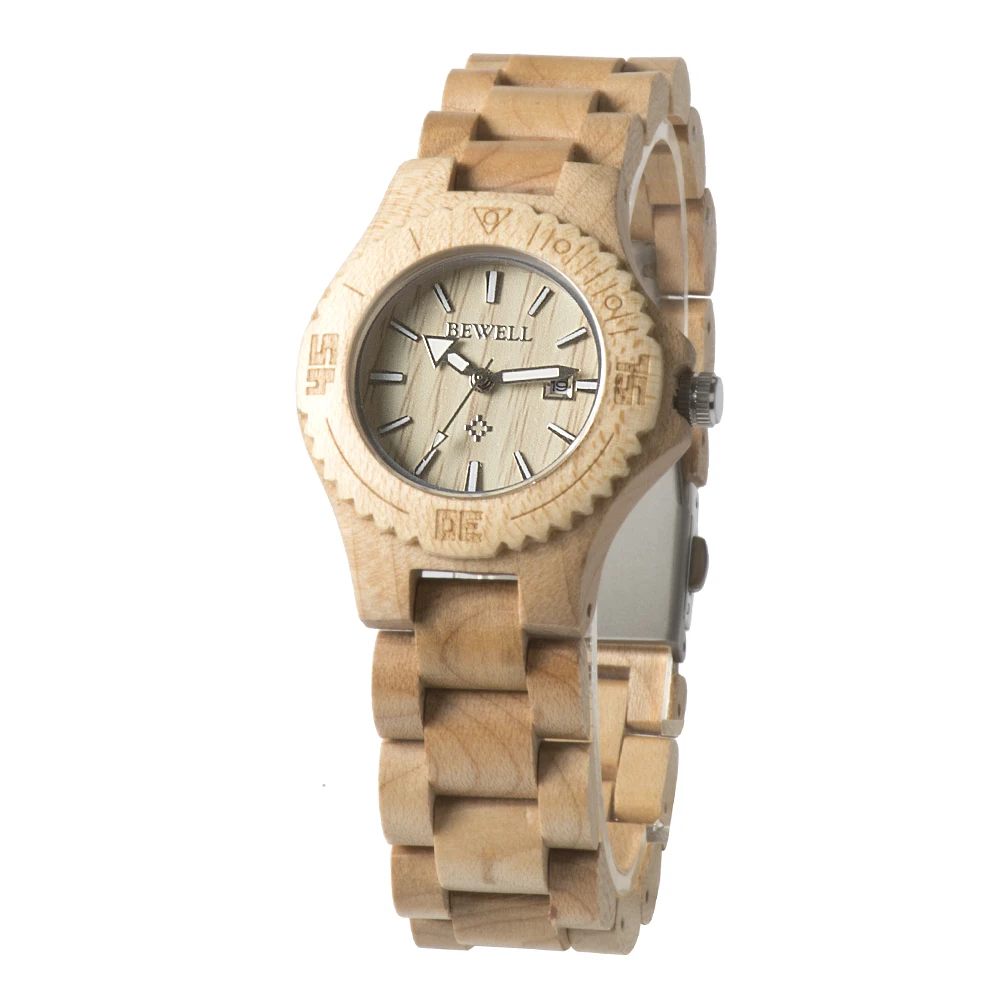 Beste BEWELL Vrouw Hout Horloge Natuurlijke Hout Datum Display Kleine Analoge Quartz Horloge Lady Houten Carton Horloge Lichtgewicht Zomer 020AL