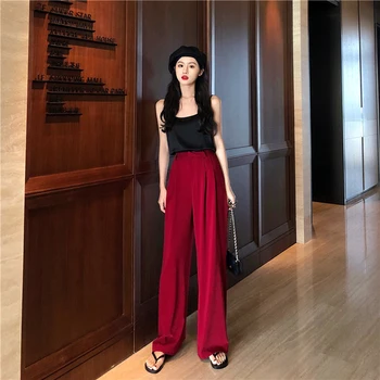 

Summer Sleeveless Strapless Two Piece Set Loose Casual High Waist Trousers Suit Women Red Wide Leg Pants Fashion 2 Pcs Sets