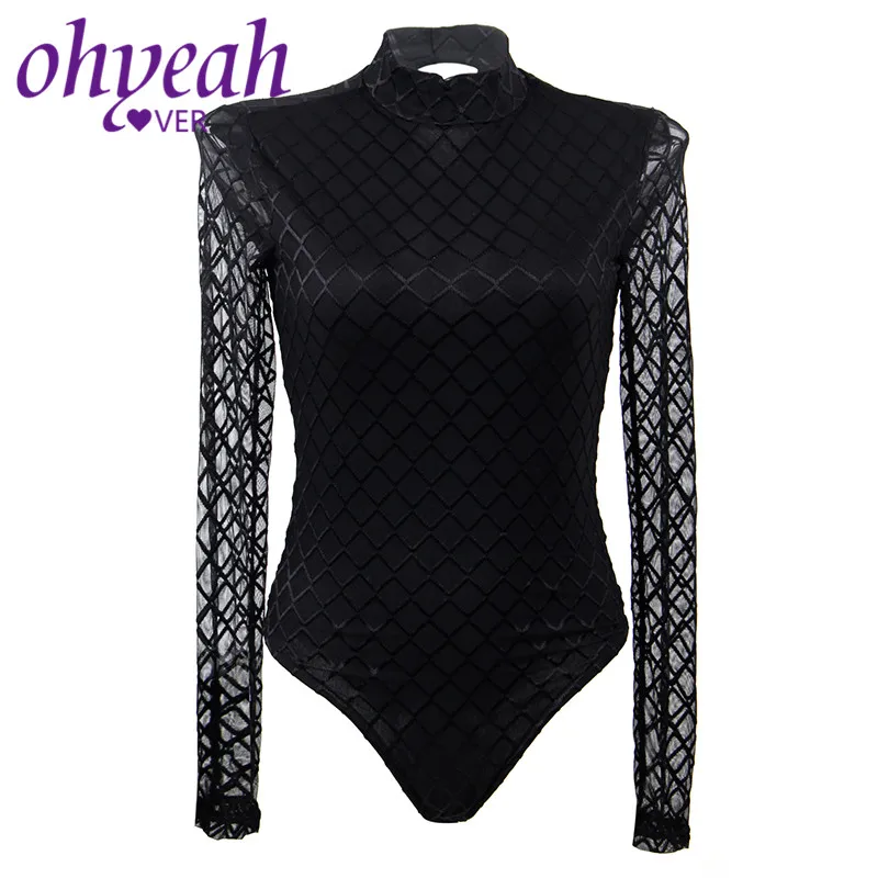 

Ohyeahlover Bodysuit Women Long Sleeve Black Sexy Bodysuits Sheer Mesh Playsuits Turtleneck Tops Bodycon Short Romper RM80752