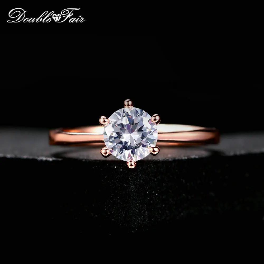 Double Fair 6 Claw 1 Carat Cubic Zirconia Wedding/Engagement rings For Women Silver/Rose Gold Color Women's Ring Jewelry DFR014