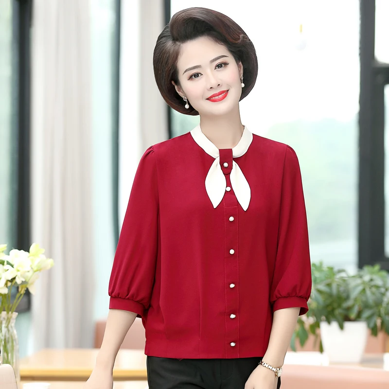 

Sweet Bow Collar Half Sleeve Women Chiffon Tops Woman Casual Loose Vintage Tshirt Spring Summer 5XL Mother Tee Clothing