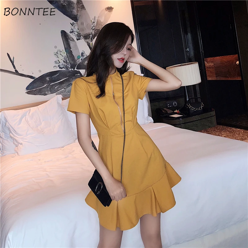 

Dress Women Slim Simple Ruffles Elegant Korean Style High Waist Korean Style Womens All-match Soft Summer Solid Summer Clothing