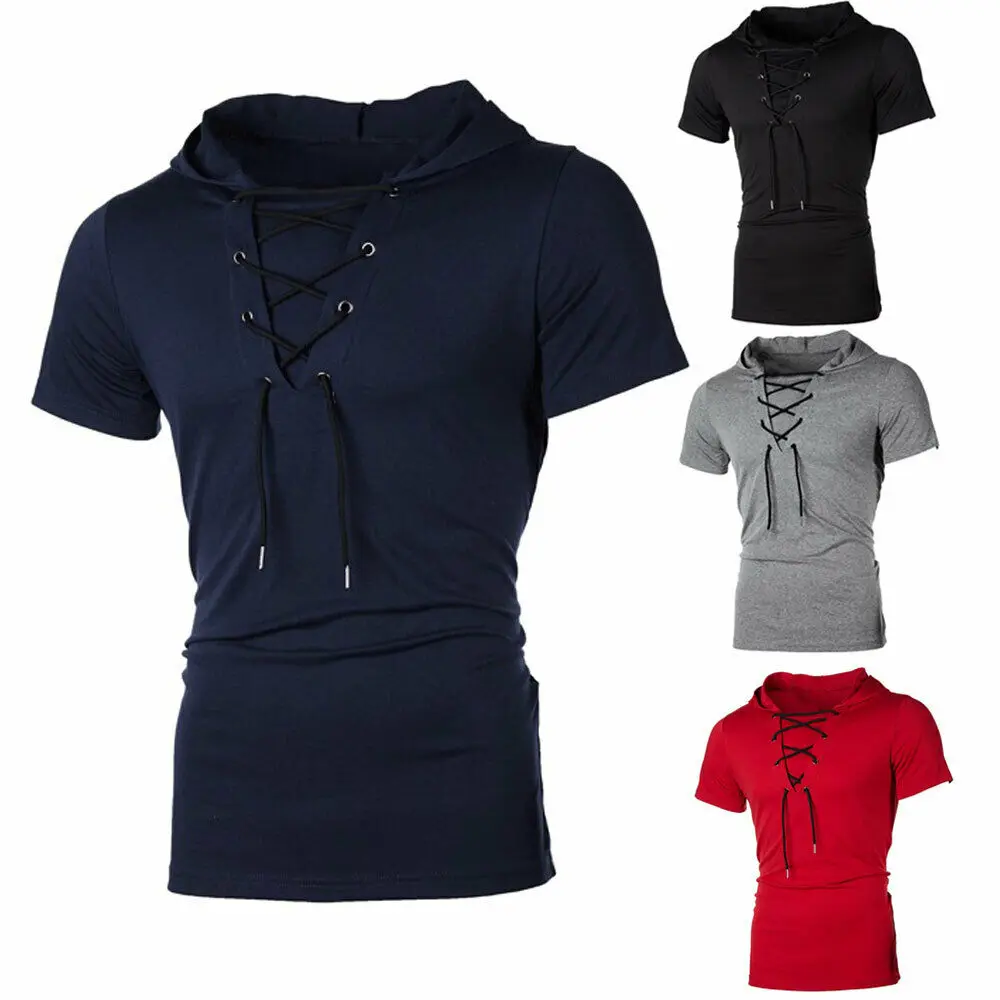 

New Men Hoodies Short Sleeve Slim Solid Hip-hop Fitness Workout Gym Hooded Tee Muscle Sweatshirts Fashion Summer Casual Top Hot