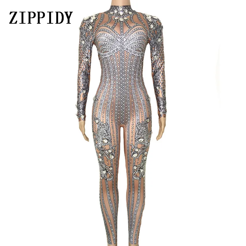 

Silver Sparkly Rhinestones Jumpsuit Big Stones Bodysuit Women's Performance Party Celebrate luxurious Costume Dance Clothing