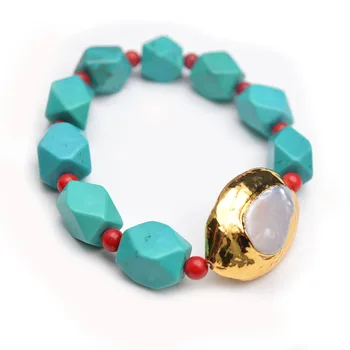 

Natural Fresh Water Pearl Charm Surface Cutting Square Nugget Urquoise Beads Stretch Woman Bracelet Fashion Jewelry Gift