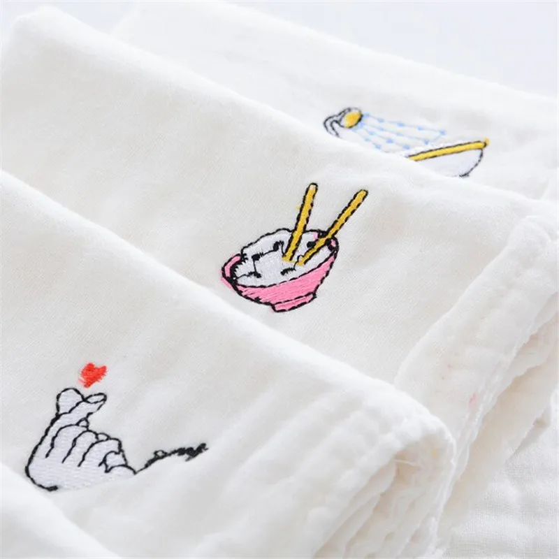  5PCS/LOT 100% Cotton Baby Wipes Muslin Cloth Squares Handkerchief Embroidery Pattern Baby Washcloth