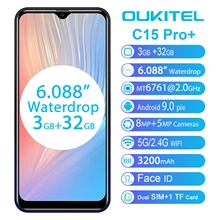 OUKITEL C15 Pro + 6.088 ''19:9 Android 9.0 โทรศัพท์มือถือ 3GB 32GB MT6761 Waterdrop ลายนิ้วมือสมาร์ทโฟน 4G face ID 5G WiFi โทรศัพท์(China)