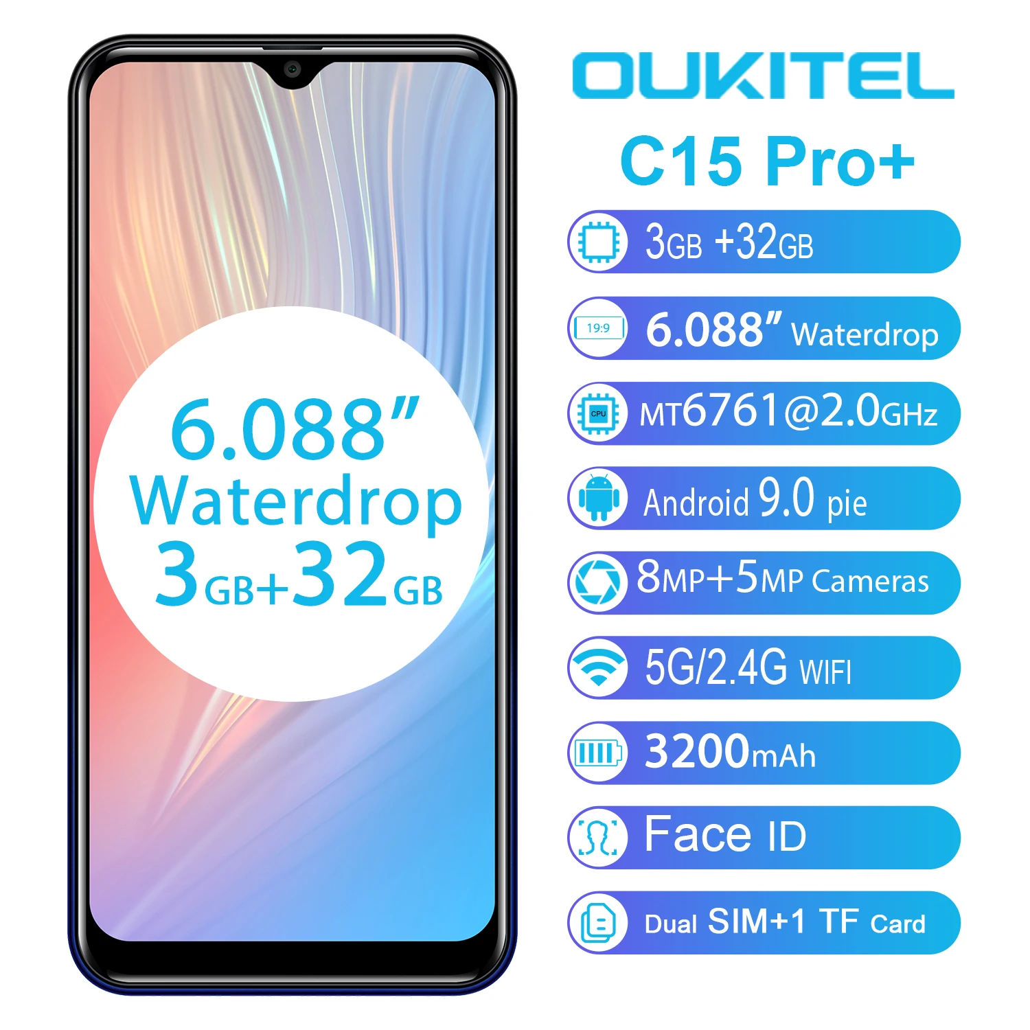  OUKITEL C15 Pro+ 6.088'' 19:9 Android 9.0 Cellphones 3GB 32GB MT6761 Waterdrop 4G Smartphone Finger