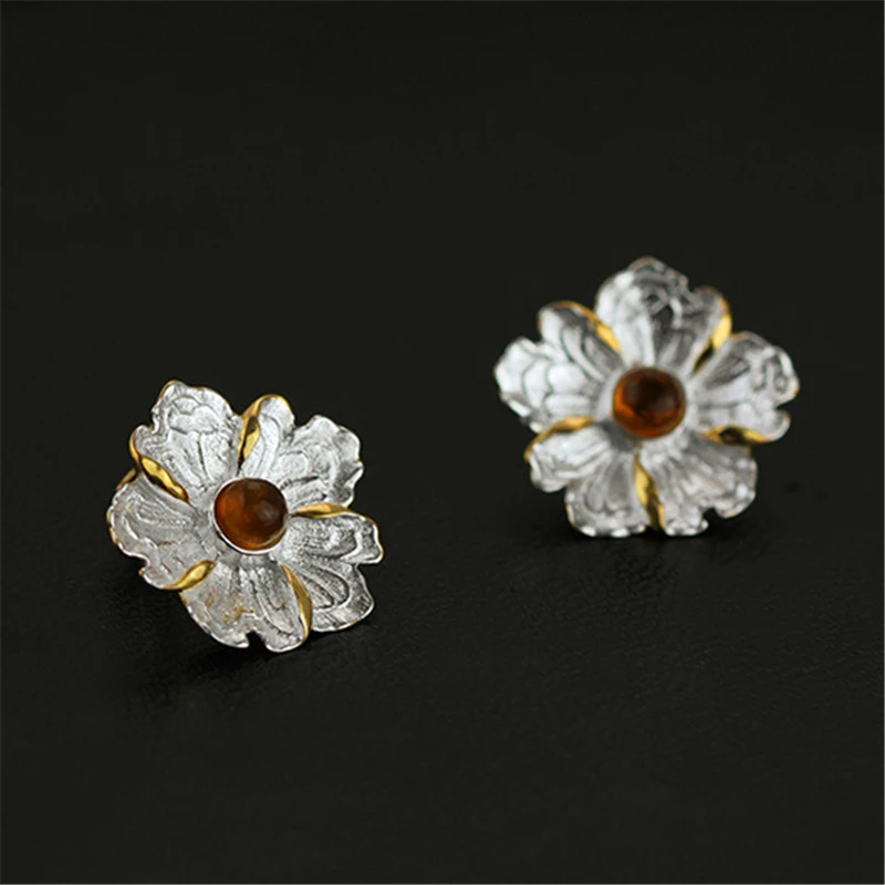Lotus Fun Real 925 Sterling Silver Natural Stone Original Handmade Fine Jewelry Peony Flower Stud Earrings for Women Brincos