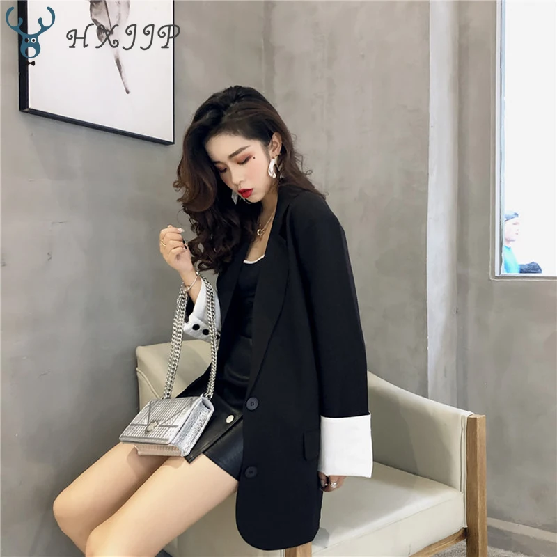 HXJJP Vintage Patchwork Lace Up Women Jacket Blazer Retro Loose Pockets Slim Waist Suit Coat 2018 Autumn Streetwear Outwear