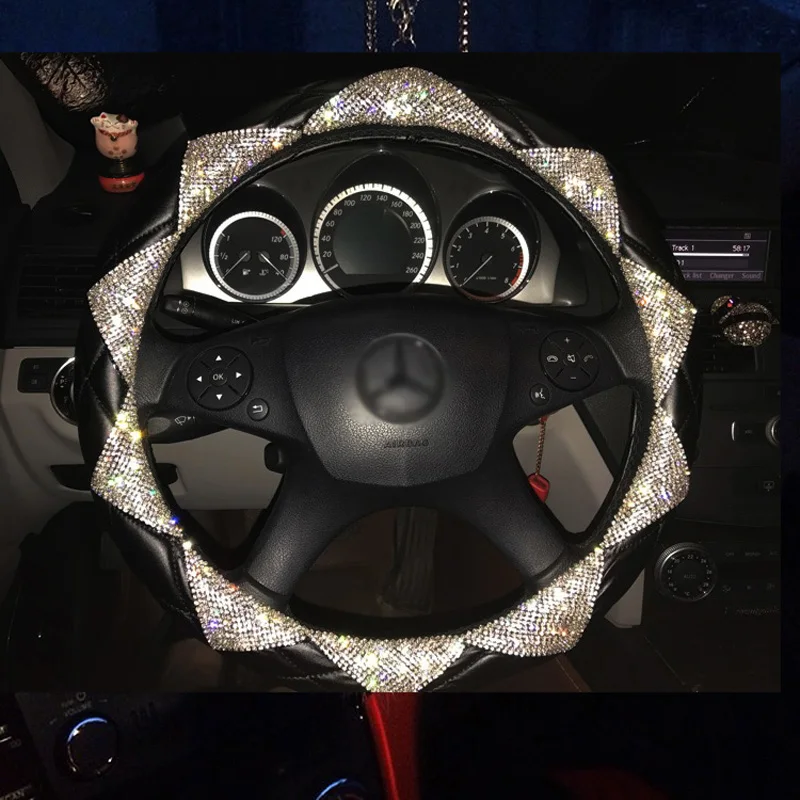 MUNIUREN New Luxury Diamond Leather Car Steering Wheel Covers Women