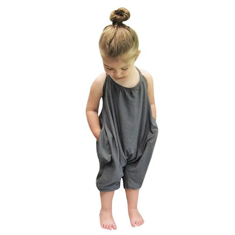 

2019 casual style baby girls Spaghetti Strap overalls summer sunsuit Clothes Outfits girl Sleeveless Jumpsuit with Pockets black