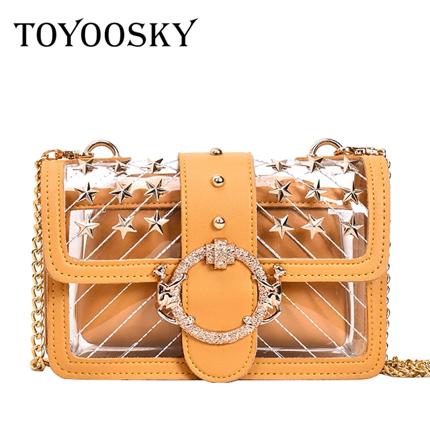 

TOYOOSKY Transparent Jelly Bag 2019 Fashion High Quality PVC Women's Designer Handbag Lock Chain Rivet Shoulder Messenger Bags