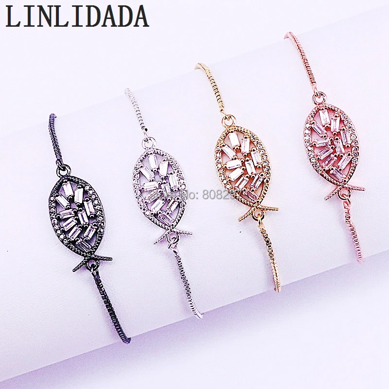 10 шт. модный многоцветный микро Pave CZ кристалл рыбы Шарм соединитель браслеты скользящая цепь ювелирные изделия регулируемый браслет