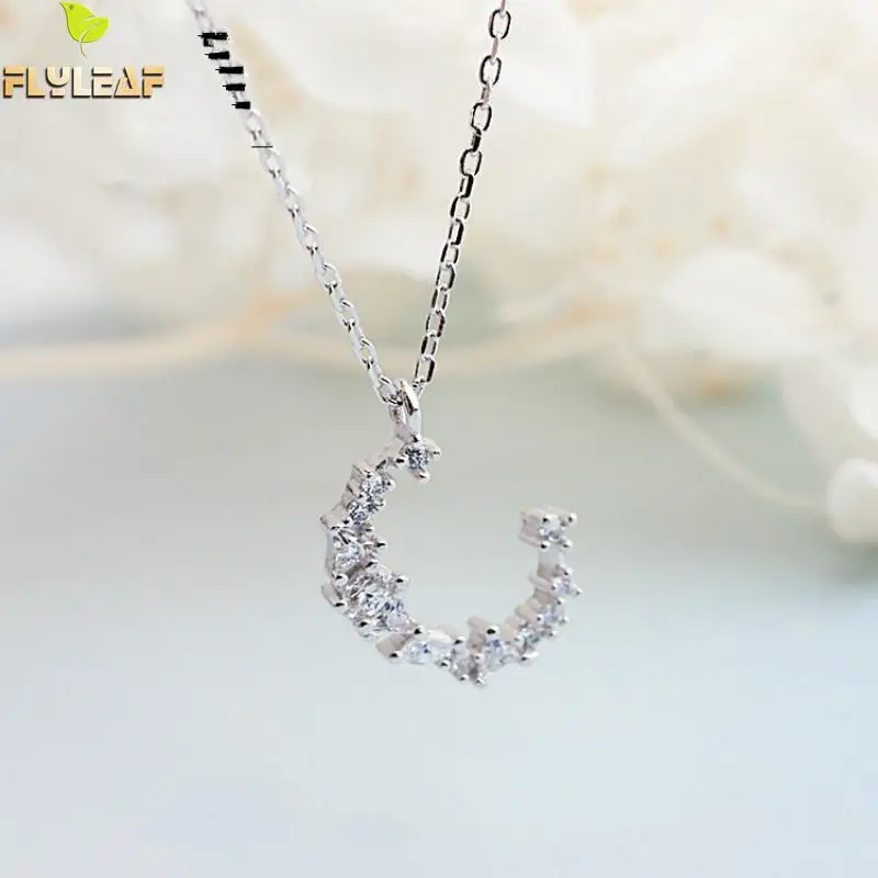

Flyleaf 100% 925 Sterling Silver Cubic Zirconia Moon Pendant Necklaces For Women Fashion Party Jewelry