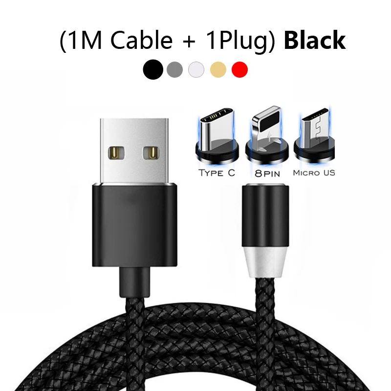 Светодиодный USB Магнитный кабель для iPhone XS samsung S8 S9 Xiaomi huawei P30 Быстрая зарядка Магнитный Кабель с разъемом Micro usb type-c кабель usbc - Цвет: Black Cable Plug